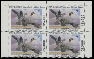 Picture of 1987 Kansas Duck Stamp - First of State. Plate Block of 4