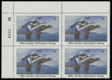 Picture of 1986 Alaska Duck Stamps. Plate Block of 4